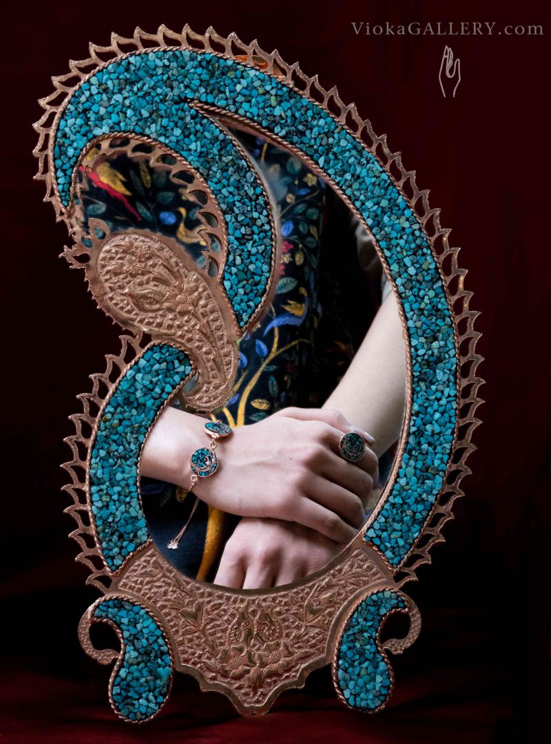 Handmade turquoise inlaying mirror ( Firoozeh koobi )